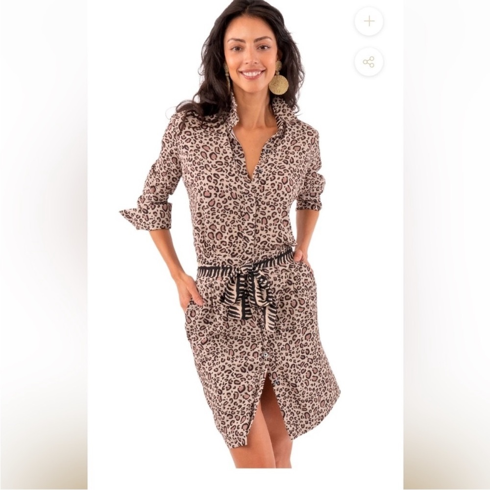 Gretchen Scott Animal Print Shirt Dress Cuffed Sleeves Tie Waist Size Small